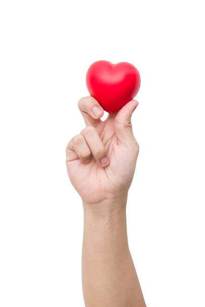 Pallina cardiaca rossa: sfera di schiuma antistress la forma del cuore rosso sulla mano della donna isolata su sfondo bianco con percorso di ritaglio
 - Foto, immagini