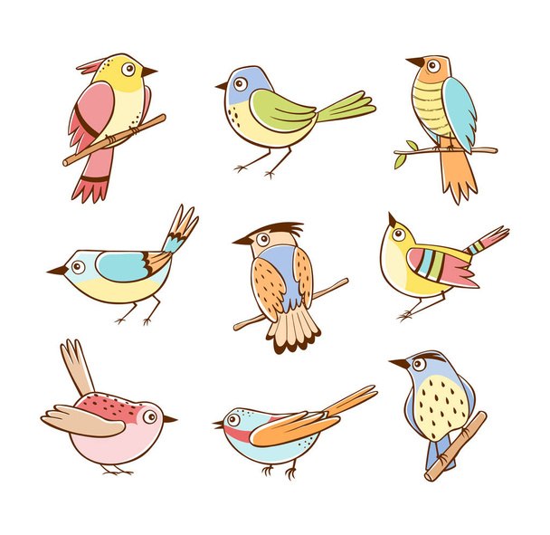 Coleção de pássaros em diferentes poses. Aves coloridas isoladas em fundo branco. Ilustração vetorial desenhada à mão
. - Vetor, Imagem
