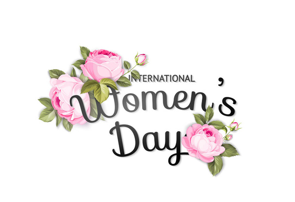 Beautiful card with red roses and text on white background. Happy women day design. March holiday poster. - Vector, Image