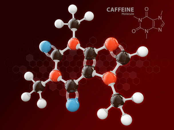 3D απεικόνιση της καφεΐνης μοριακό μοντέλο απομονωμένη κόκκινο. - Φωτογραφία, εικόνα