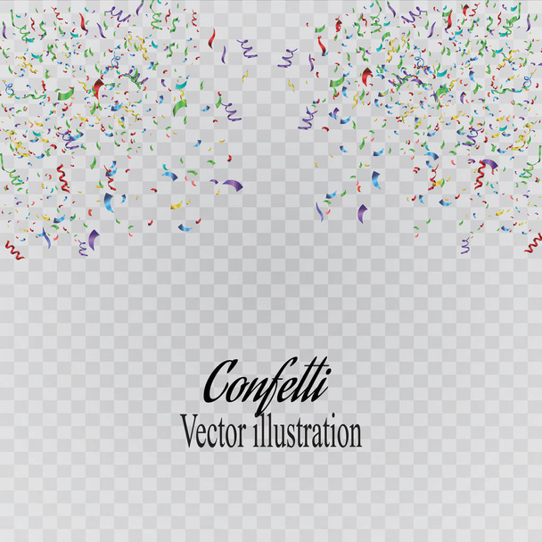 Colorful confetti on a beautiful background. Celebration and party. Colorful bright confetti isolated on transparent background. Festive vector illustration. - Vector, Image