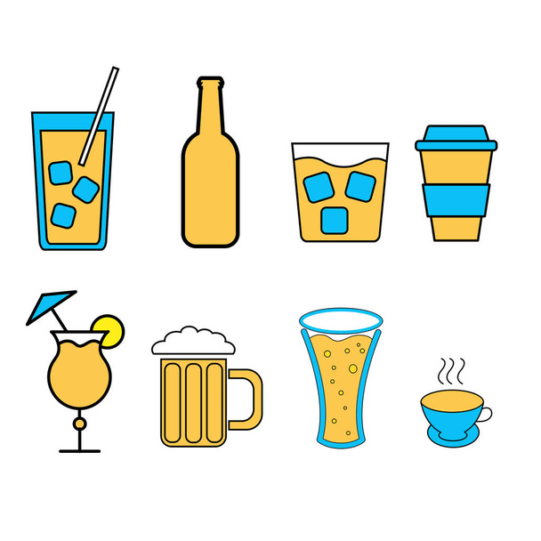 Set of simple icons of alcoholic beverages for the bar, cafe: cocktails, glasses, beer, bottles, whiskey, coffee, tea on a white background. Vector illustration - Vector, Image