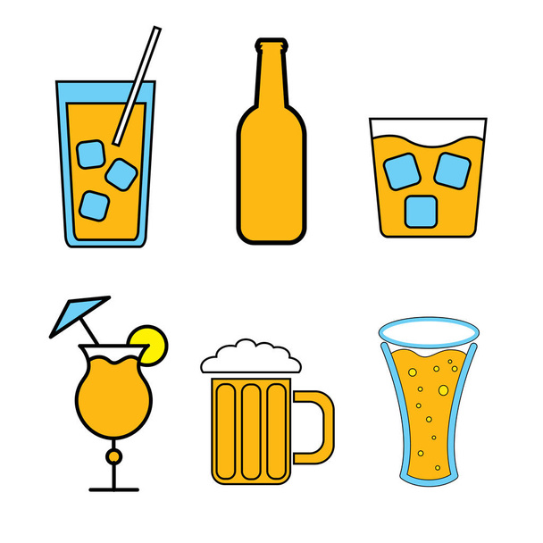 Set einfacher farbiger Symbole alkoholischer Getränke für Bar, Café: Cocktails, Gläser, Bier, Flaschen, Whiskey auf weißem Hintergrund. Vektorillustration - Vektor, Bild