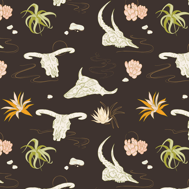 Boho style illustration with animal skulls and desert plants. Succulents on the sands and bones nature tribal pattern, Bohemian vintage ethnic decoration in pastel color - Vector, imagen
