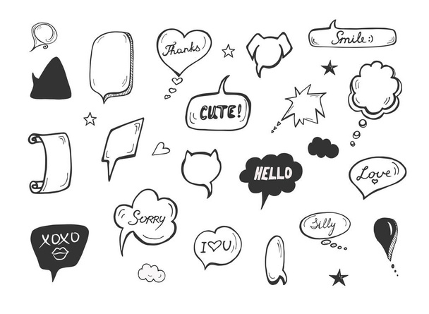 Vector εικονογράφηση του λόγου commix φυσαλίδες με εκφράσεις. Συγγνώμη, Xoxo, ανόητη, αγάπη, χαριτωμένος, ευχαριστώ, χαμόγελο. Χέρι που στυλ σχηματικό doodle. - Διάνυσμα, εικόνα