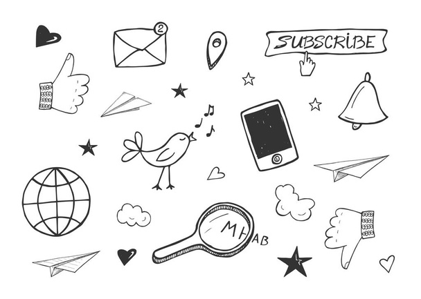 Illustration vectorielle des icônes des médias sociaux. Comme, courrier, emplacement, bouton d'abonnement, smartphone, oiseau, loupe, recherche, web, cloche, avion en papier. Style doodle dessiné à la main
. - Vecteur, image