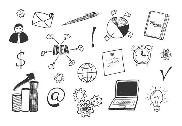 Ilustração vetorial de ícones corporativos de negócios. Ideia, laptop, lâmpada, diagrama, gráfico, caneta, em, planejador, cara. Estilo de doodle esboçado à mão
. - Vetor, Imagem