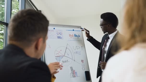 Close-up of male american-african businessman conducts presentation using whiteboard on which shows the graphs buying and selling company - 映像、動画