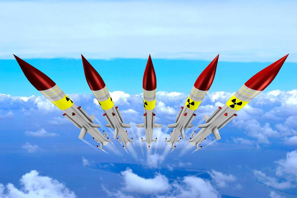 3D-Raketen - nukleare Sprengköpfe, Himmel im Hintergrund - Foto, Bild