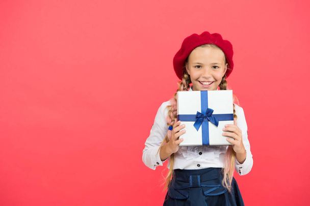 Thank you so much. Birthday wish list. Happy birthday concept. Girl kid hold birthday gift box. Every girl dream about such surprise. Birthday girl carry present with ribbon bow. Art of making gifts - Fotoğraf, Görsel
