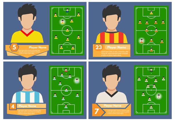 Conjunto de cuatro jugadores de fútbol con una posición en el campo donde juegan
 - Vector, imagen
