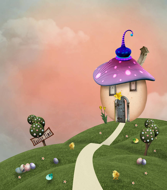 Country spring background with fantasy house on the hill and easter eggs - 3D mixed media illustration - Photo, Image