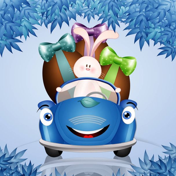 illustration of cute bunny with Easter egg in car - Photo, Image