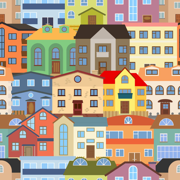 Seamless Background with City and Colourful Buildings. Vector illustration. - Vector, Image
