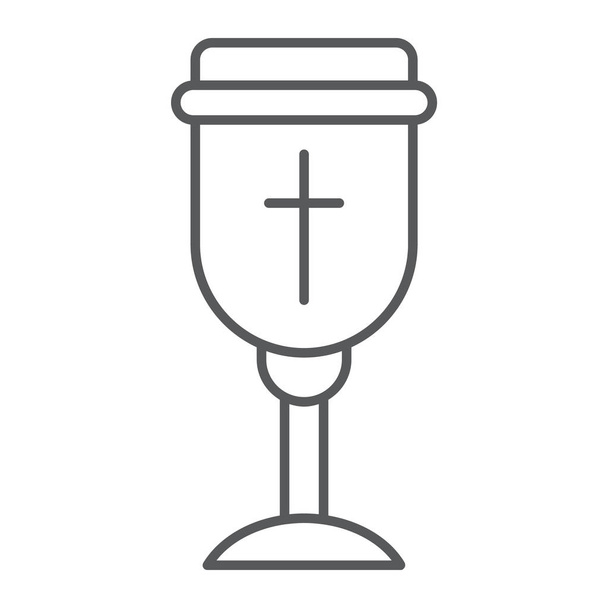 Свята чаша тонка лінія значок, християнин і чашка, знак чаші, векторна графіка, лінійний візерунок на білому тлі
. - Вектор, зображення