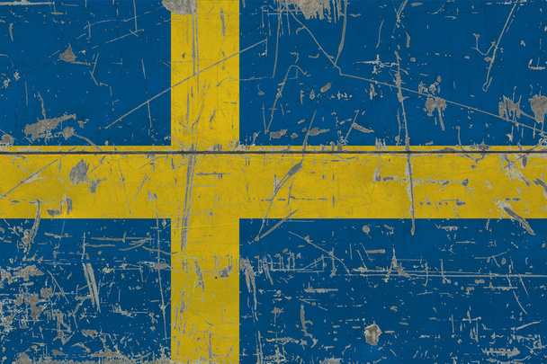 Grunge Sweden flag on old scratched wooden surface. National vintage background. - Valokuva, kuva