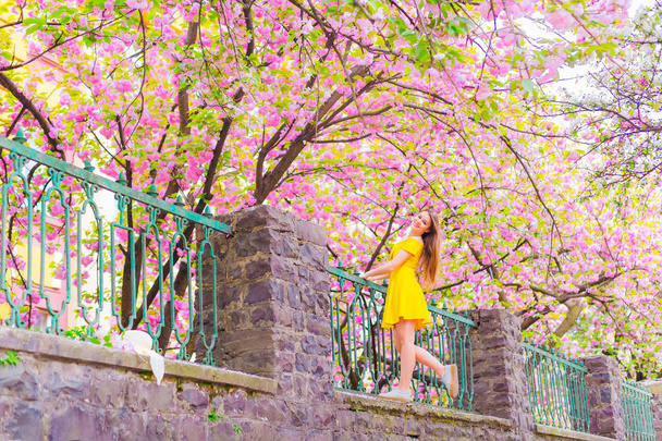 το κορίτσι στο φόρεμα Κρατήσου στο φράχτη και ανάστησε το πόδι της. κοιτάζει το φακό της κάμερας στο φόντο των ιαπωνικό ανθίζοντας κεράσια - Φωτογραφία, εικόνα