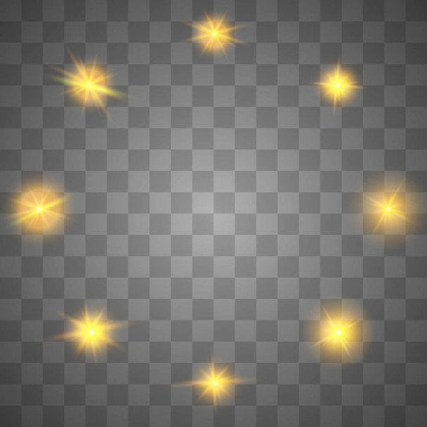 Het aantal sterren op een transparante witte en grijze achtergrond op een schaakbord. Glitter van witte en gouden sterren, charmante glans, verzameling van fascinerende flitsen, heldere, lichtgevende sterren. Vectorillustratie. - Vector, afbeelding