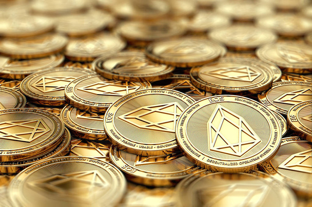 Stack of golden EOS coins in blurry closeup with copy space above in blurred area. 3D rendering - Foto, immagini