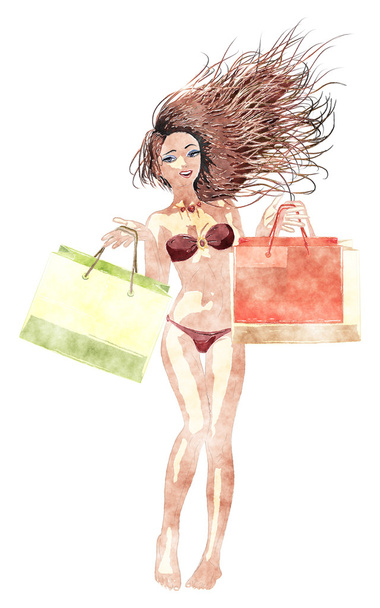 akwarela zakupy bikini dziewczynka - Zdjęcie, obraz