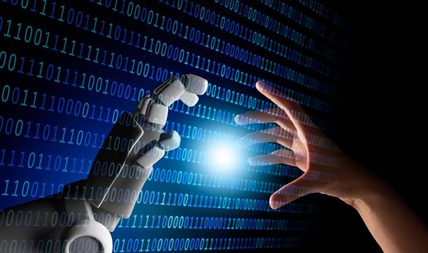 Menschenhand und Roboterhand mit binärem Zahlencode und Licht auf blauem Bildschirmhintergrund, künstliche Intelligenz, ai, in futuristischem Digitaltechnologiekonzept, 3D-Illustration - Foto, Bild