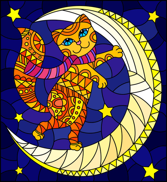 Иллюстрация в витражном стиле со сказочным красным котенком на луне на фоне звездного неба
 - Вектор,изображение