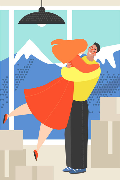 Vector illustration of a young couple embracing in a room among the boxes. Family moving to new home - Vector, Image