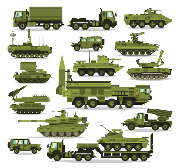 Big set of military equipment. Heavy, reservations and special transport. Equipment for the war. The missile, tanks, trucks, armored vehicles, artillery pieces. Vector illustration - Wektor, obraz