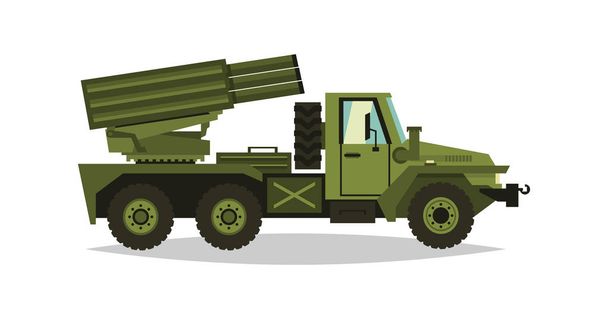 Multiple launch rocket systems. Rockets and shells. Military truck. Equipment for the war. All Terrain Vehicle, heavy machinery. Vector illustration. - Vector, Imagen