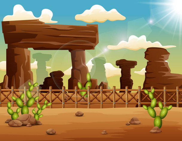 Fondo del paisaje del desierto con rocas y cactus
 - Vector, imagen