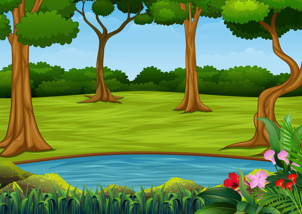 Forest scène met veel bomen en kleine vijver - Vector, afbeelding