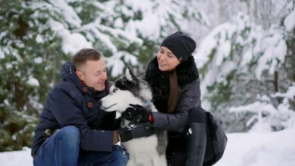 Retrato familiar de una linda pareja feliz abrazándose con su cara de hombre lamiendo perros malamute de Alaska. Cachorro divertido vistiendo cuernos de ciervo de navidad santa y besar a mujer. Libertad estilo de vida amantes mascotas
. - Imágenes, Vídeo