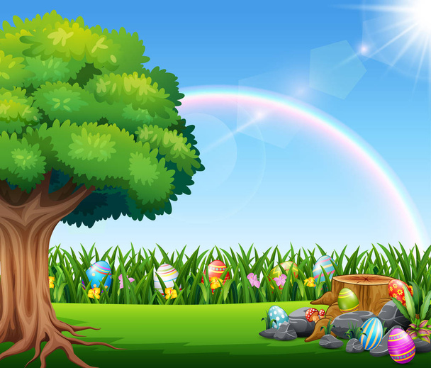 Happy easter nature background with rainbow - Vector, Image