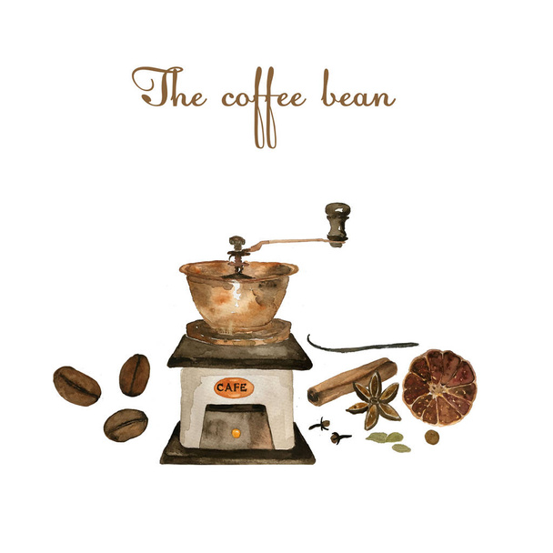 Coffee watercolor collection on isolated white: coffee mill, coffee maker, beans, spices, cup of coffee - Photo, Image
