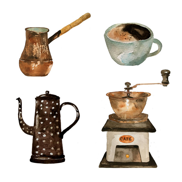 Káva akvarel collection na izolované bílé: kávový mlýnek, kávovar, fazole, koření, kávu - Fotografie, Obrázek
