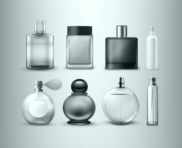Conjunto vectorial de diferentes frascos de perfume aislados sobre fondo
 - Vector, imagen