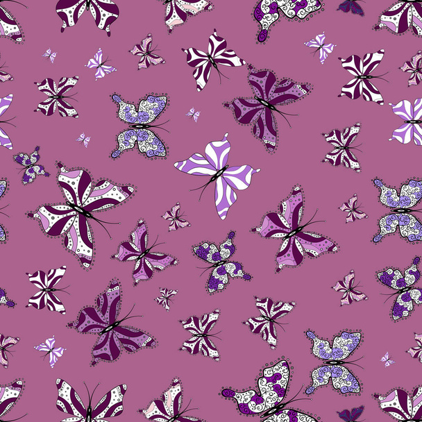 Decor on purple, violet and white background for clothing design. Seamless background of colorful butterflies. Vector illustration. - Vetor, Imagem