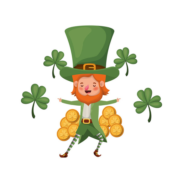 leprechaun with coin and clover isolated icon - Vector, Image