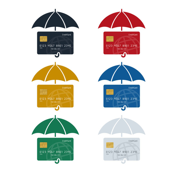 Icona della carta di credito con ombrello, concetto di protezione della carta di credito su sfondo bianco. Progettazione concettuale finanziaria
. - Vettoriali, immagini