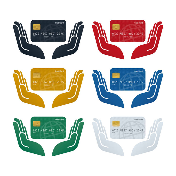 Bezpečnostní koncepce kreditní karty, kreditní karta v rukou na bílém pozadí. Návrh koncepce financí. - Vektor, obrázek