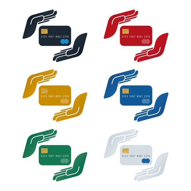 Кредитна картка в руках, концепція захисту кредитної картки на білому тлі. Дизайн концепції фінансів
. - Вектор, зображення
