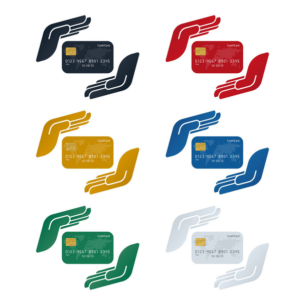 Кредитна картка в руках, концепція захисту кредитної картки на білому тлі. Дизайн концепції фінансів
. - Вектор, зображення