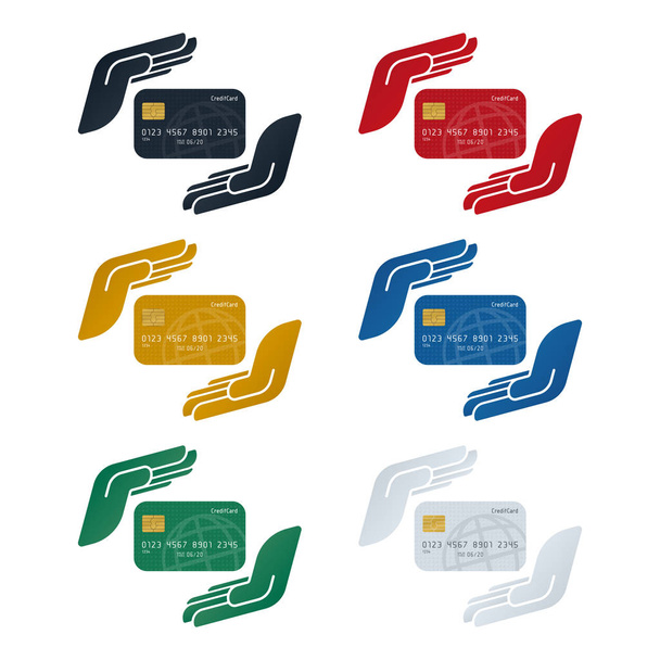 Carte de crédit dans les mains, concept de protection de carte de crédit sur fond blanc. Conception de concept de financement
. - Vecteur, image