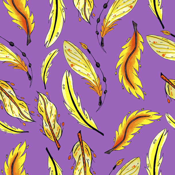 plumes jaunes et orange motif sans couture. plumes d'oiseaux colorées répétant le fond pour la toile et l'impression
.  - Photo, image