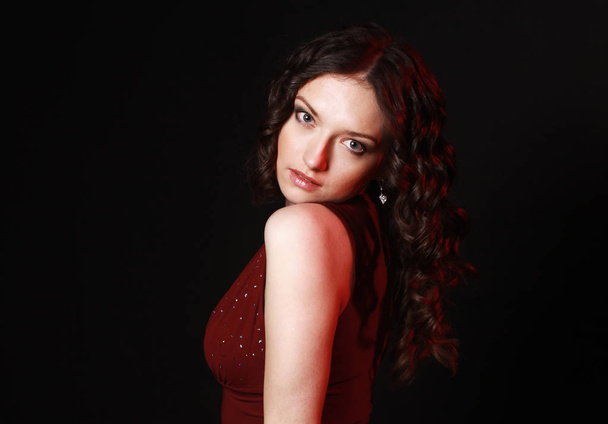 beautiful woman in red dress with evening make-up - Zdjęcie, obraz