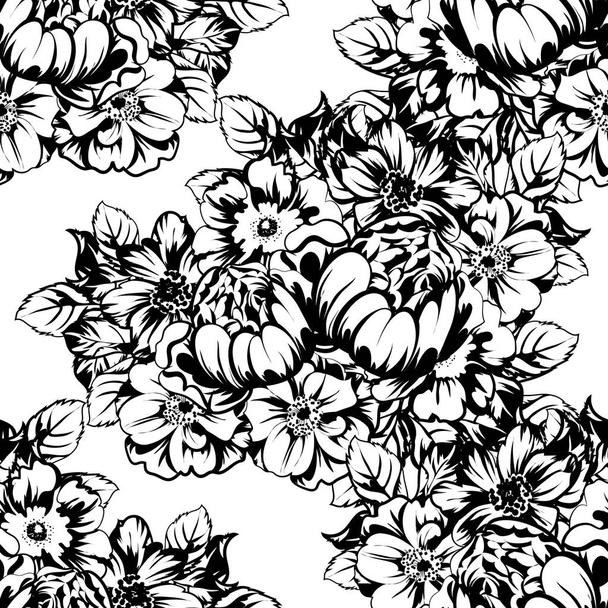 vector illustration of black and white retro flowers pattern background - Vektör, Görsel
