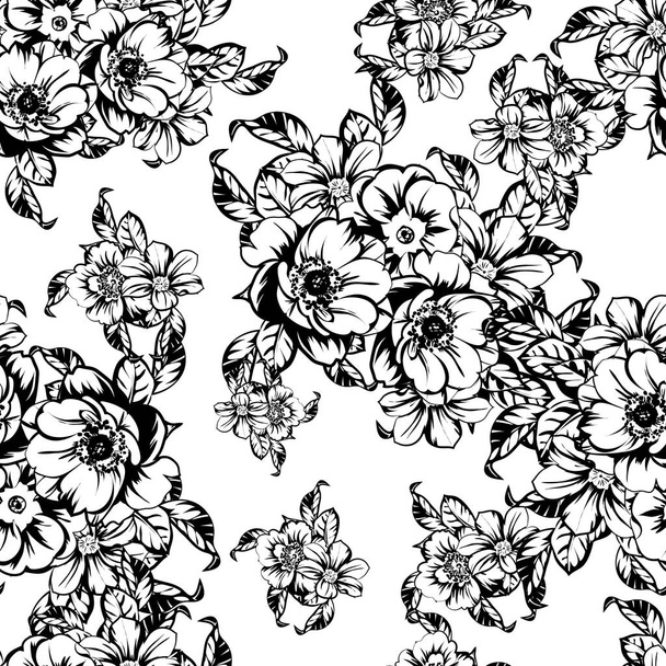 vector illustration of black and white retro flowers pattern background - Vector, afbeelding