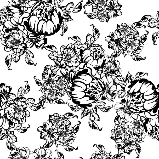 vector illustration of black and white retro flowers pattern background - Vector, imagen