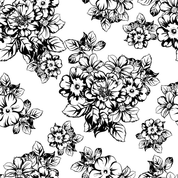 vector illustration of black and white retro flowers pattern background - Вектор,изображение