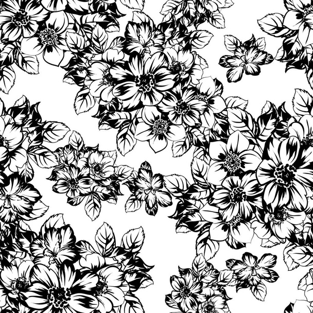 vector illustration of black and white retro flowers pattern background - Vector, afbeelding